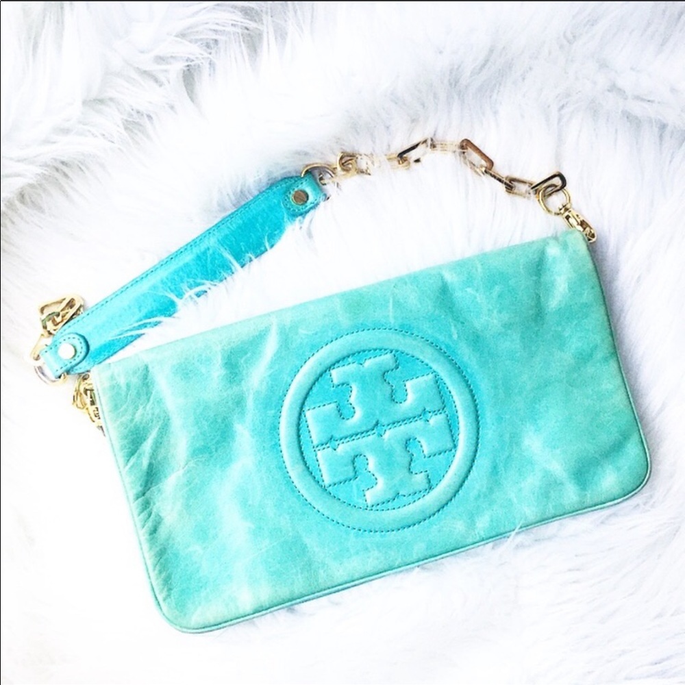 Tory Burch Turquoise Leather Wristlet Clutch with Gold Chain